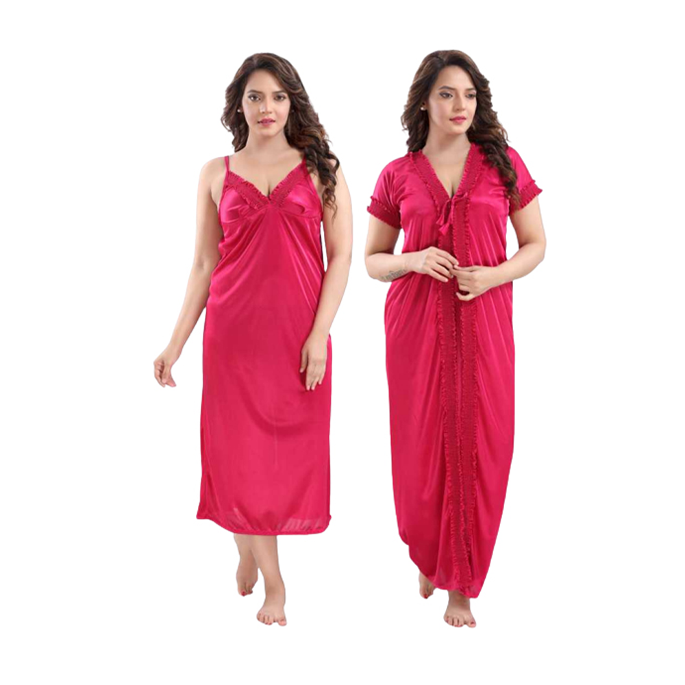 Satin 2 Part Night Wear For Women - Red - ND-10
