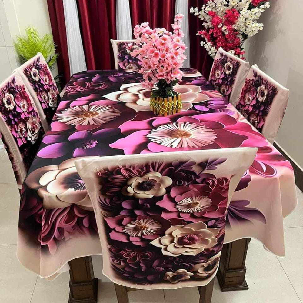 Korean Velvet 3D Print Premium Dining Table Cloth and Chair Cover Set 7 in 1 - TC-134