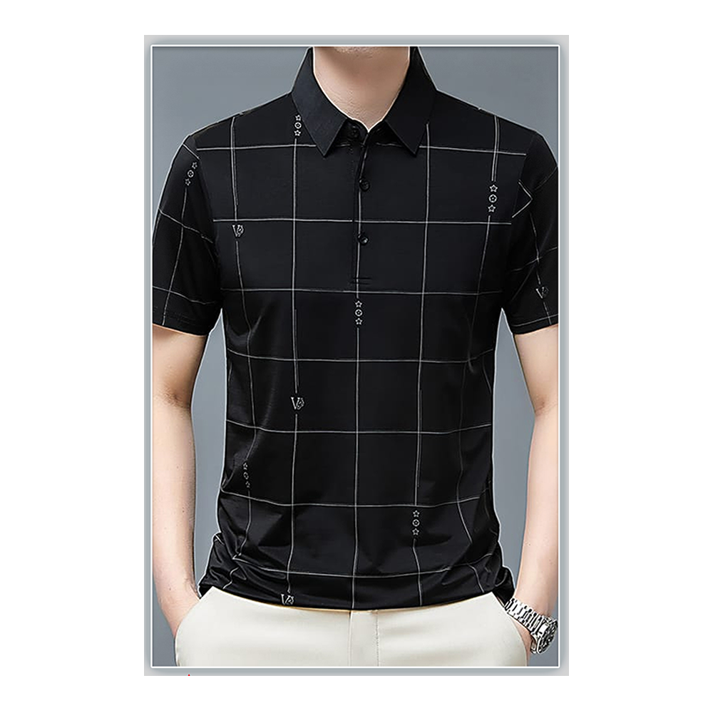 Stitch Half Sleeve Polo Shirt For Men - Black - POLO - 023
