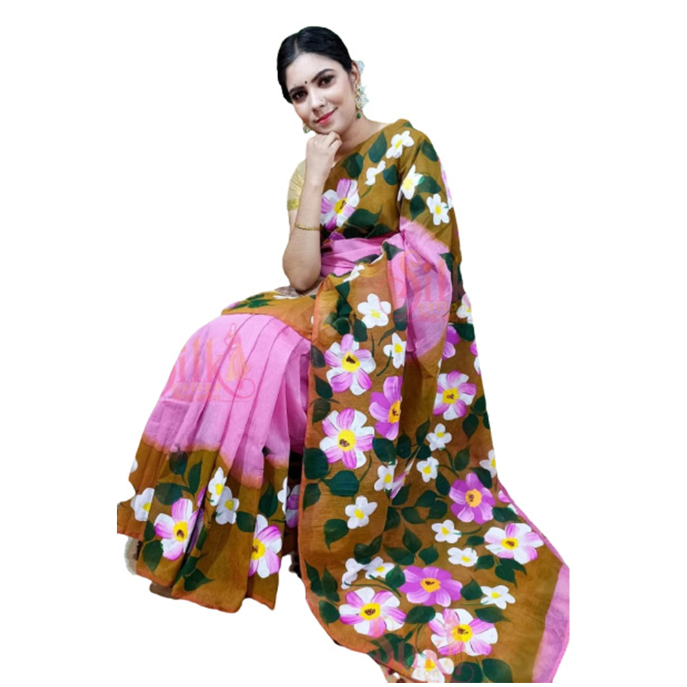 Half Silk Hand Print Saree For Women - Pink and Brown - SP-116