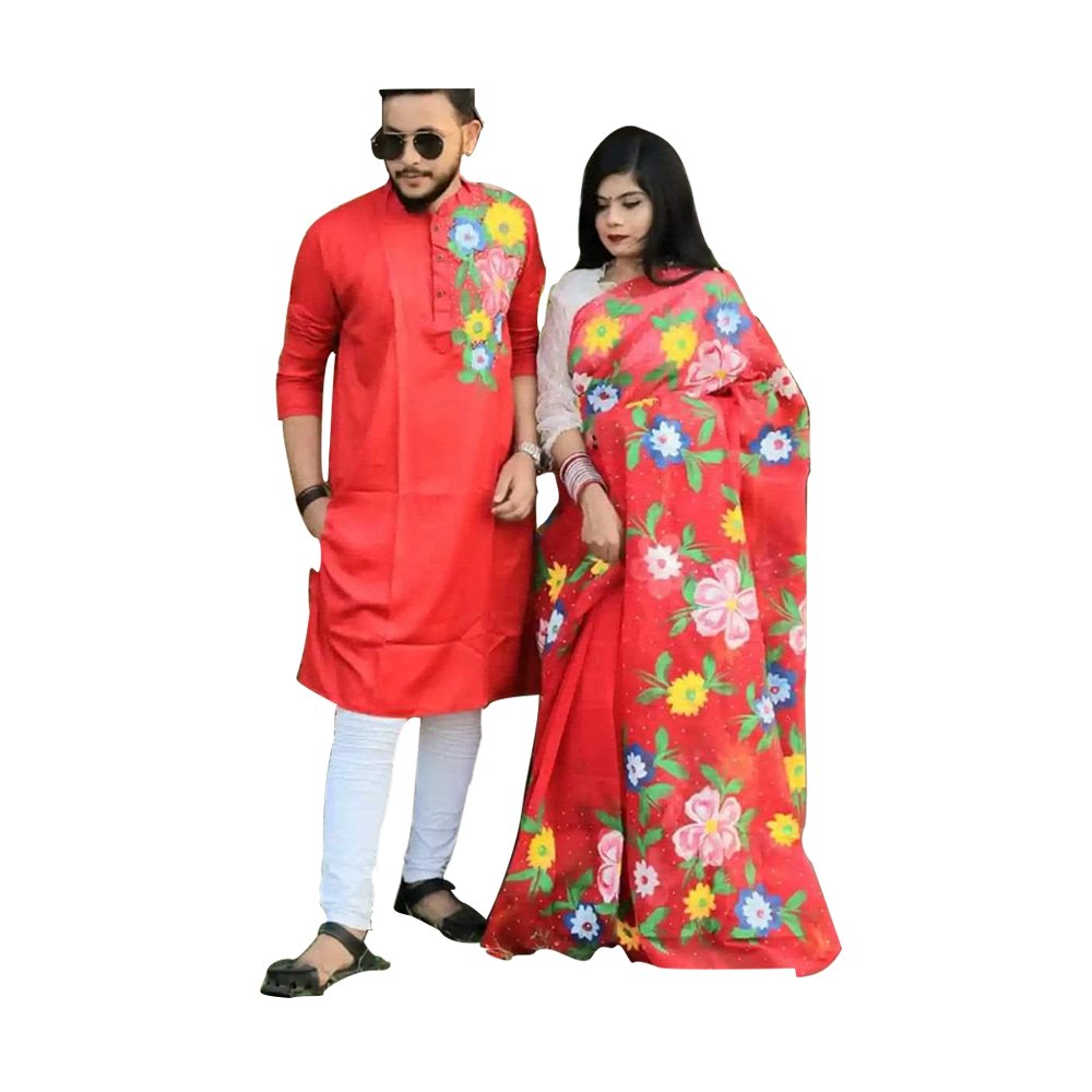 Half Silk Sharee and Cotton Punjabi Set For Couple - Red - CS-17