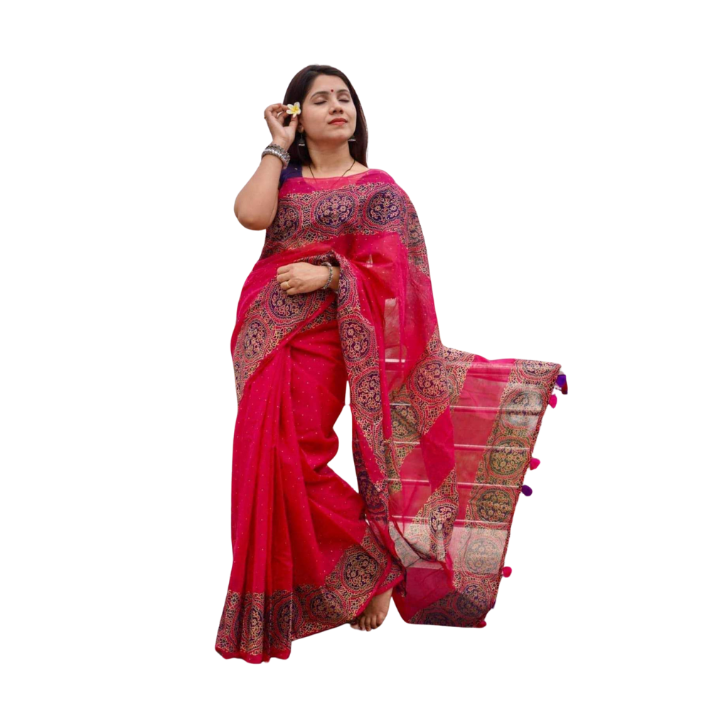 Skin Print Silk Cotton Saree For Women - Pinkish Red - SC1