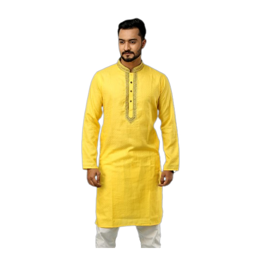 Cotton Digital Print Semi Long Embroidery Panjabi For Men - Yellow - PS-20