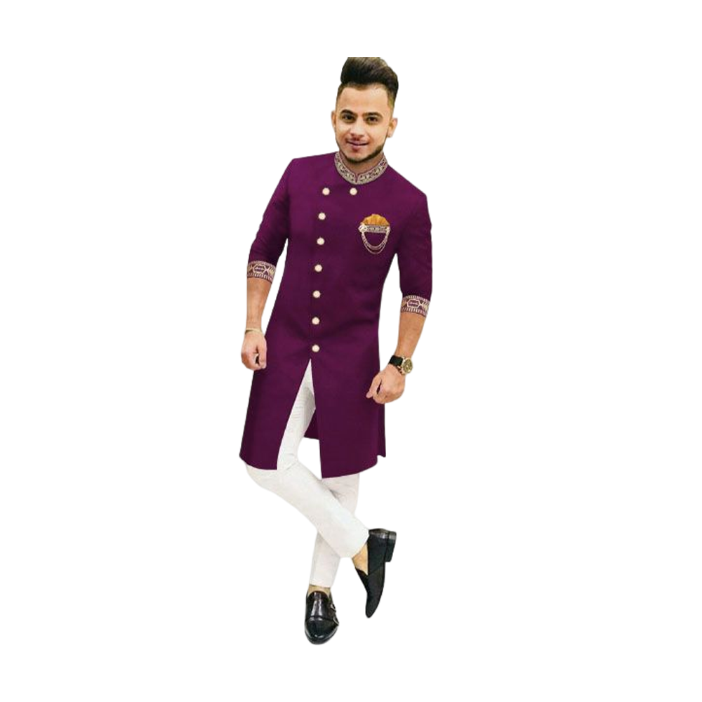 Cotton Embroidery Sherwani Panjabi With Pajama For Men - Purple - PS-04