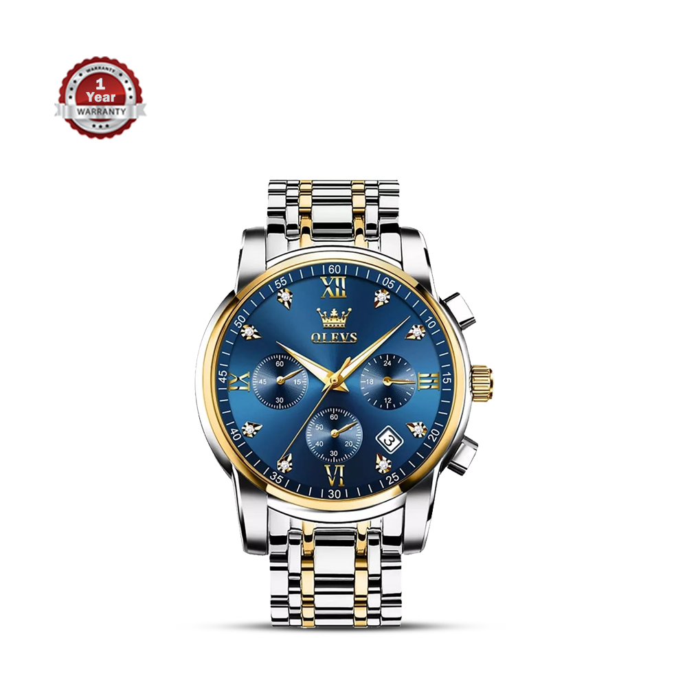 Olevs 2858 Stainless Steel Chronograph Wrist Watch For Men - Royal Blue and Golden
