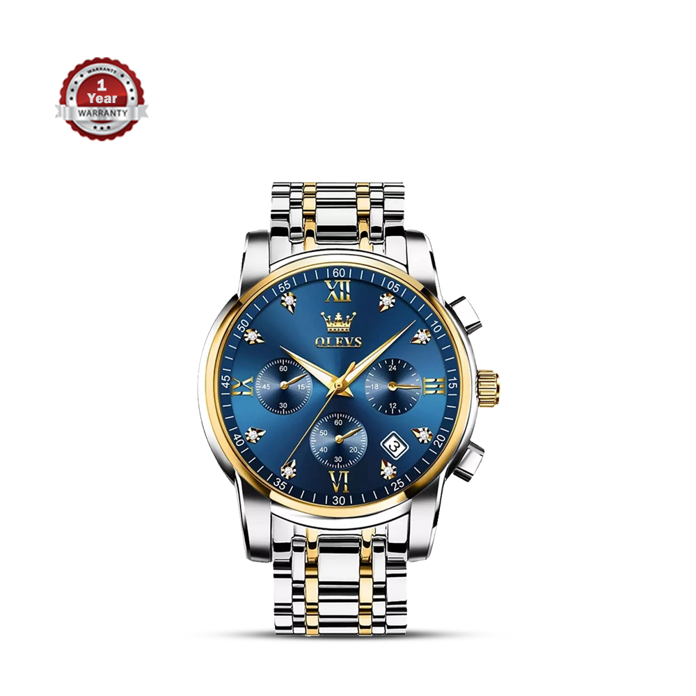 Olevs 2858 Stainless Steel Chronograph Wrist Watch For Men Royal Blue And Golden 2200