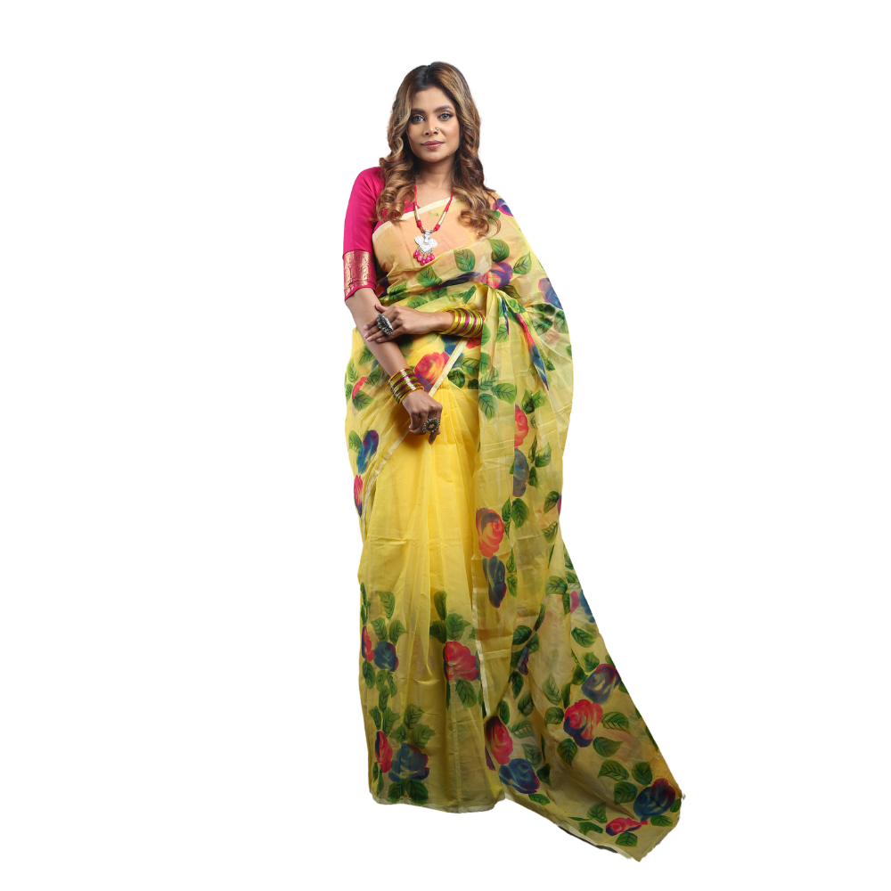 Hand Print Silk Cotton Saree For Women - Yellow - SC32