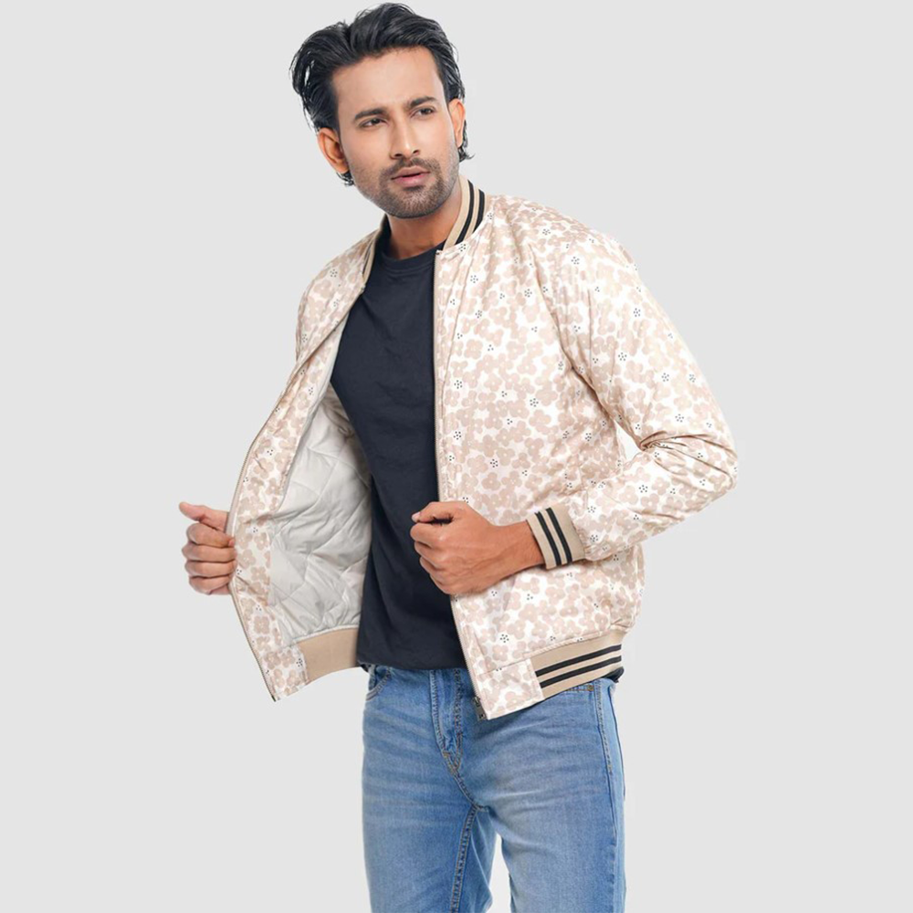 Taffeta Casual Bomber Jacket For Men - Cream Tant AOP