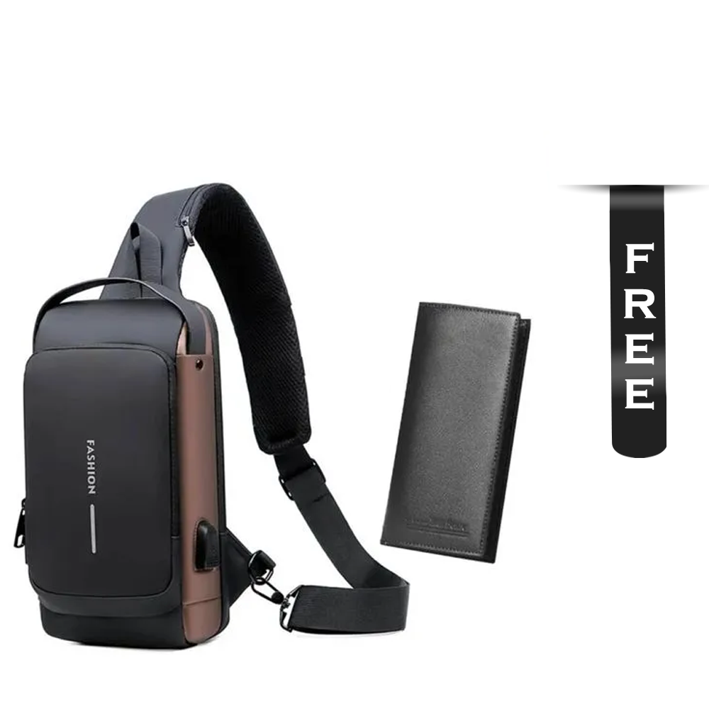 PU Leather Anti-theft USB Charging Chest Bag For Men with Free Long wallet