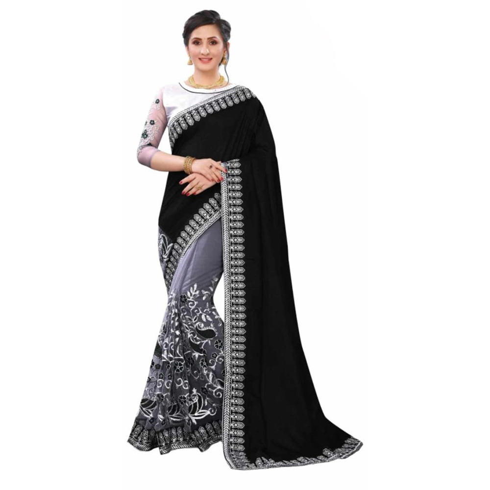 Weightless Georgette Embroidery Worked Saree With Blouse Piece For Women - Black - SJ-57