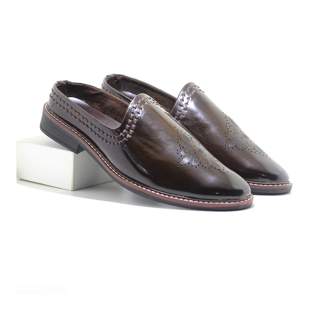 Glossy Patent PU Leather Half Shoe For Men - Coffee - IN400