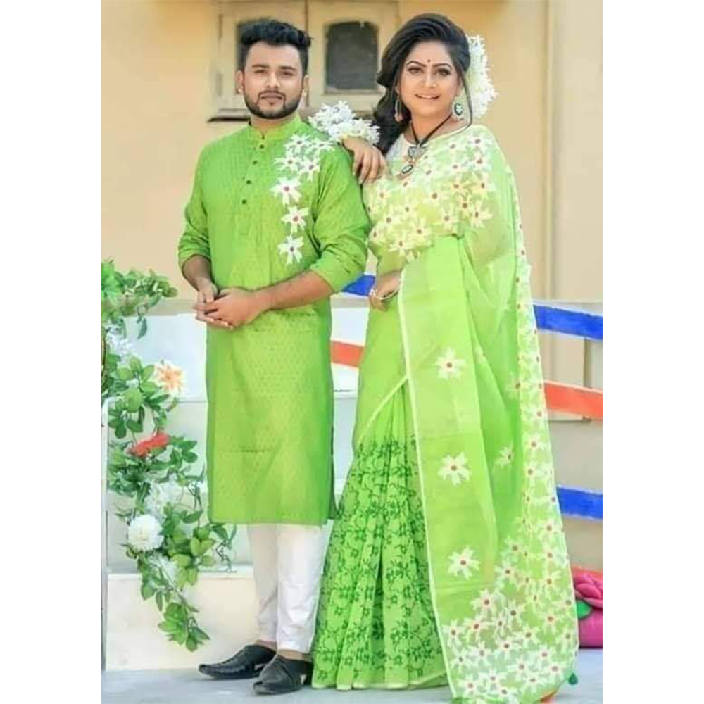 Dupion Silk Panjabi With Saree Couple Set - Green - CB012