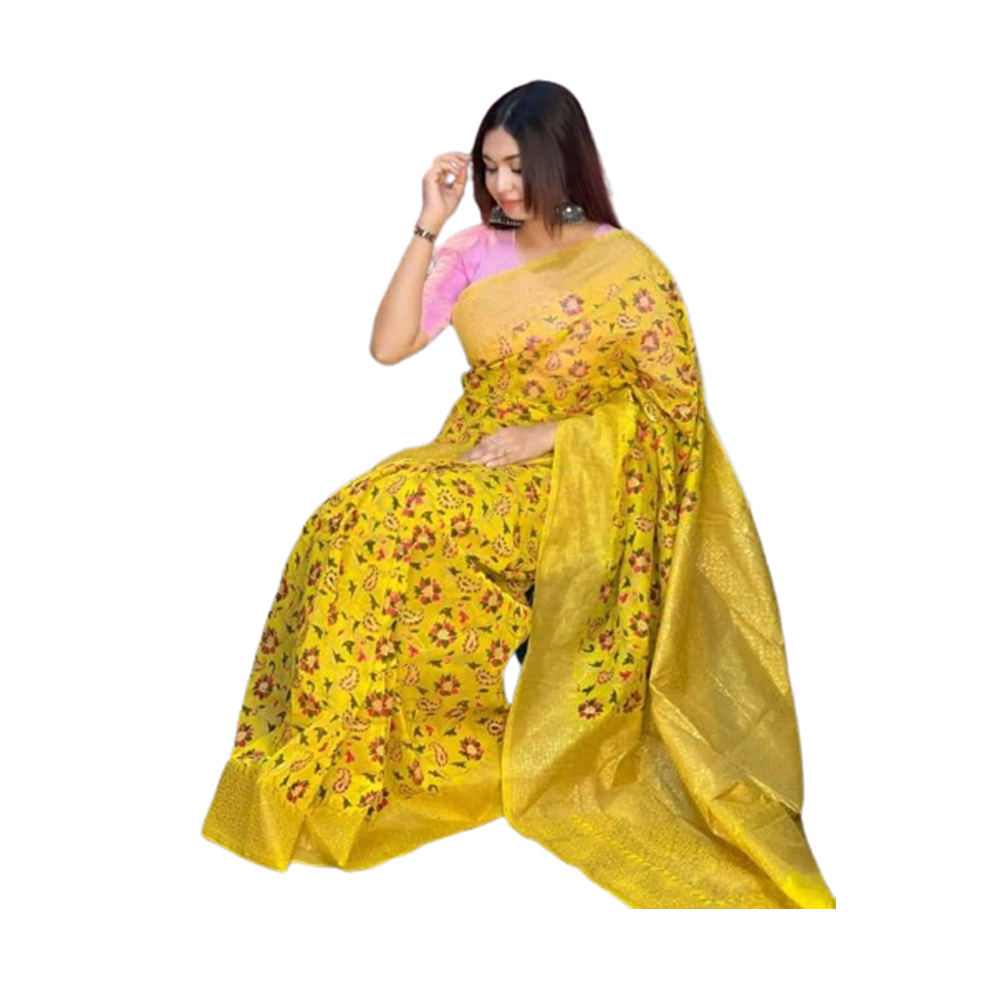 Half Silk Hand Print Sharee For Women - Yellow - SP-79