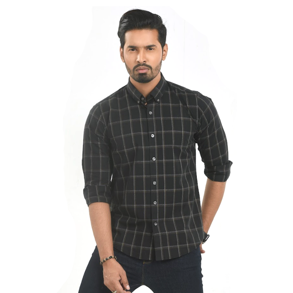 Cotton Full Sleeve Casual Check Shirt For Men - Black and Golden - S11