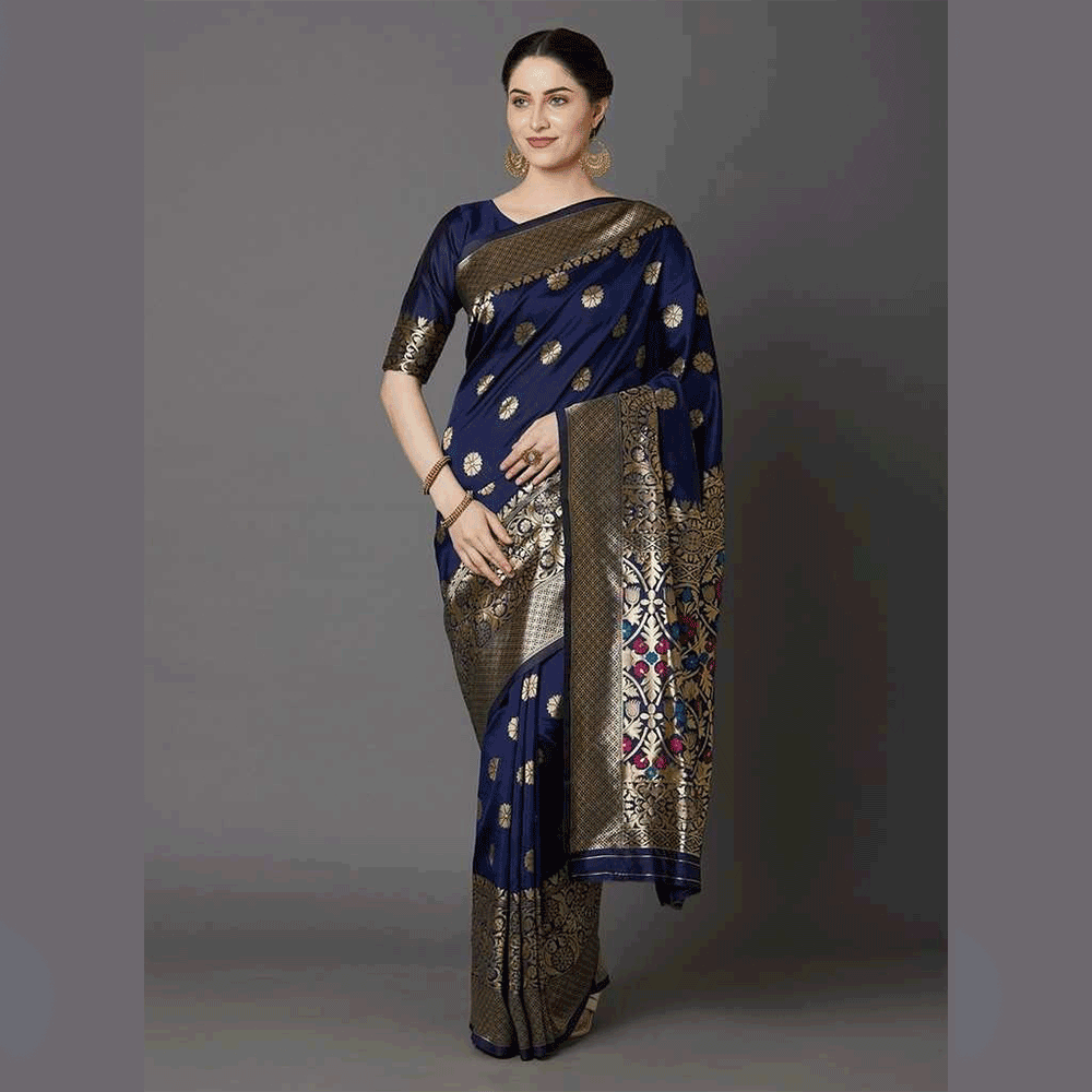 Silk Printed Saree With Blouse Piece For Women -Navy Blue