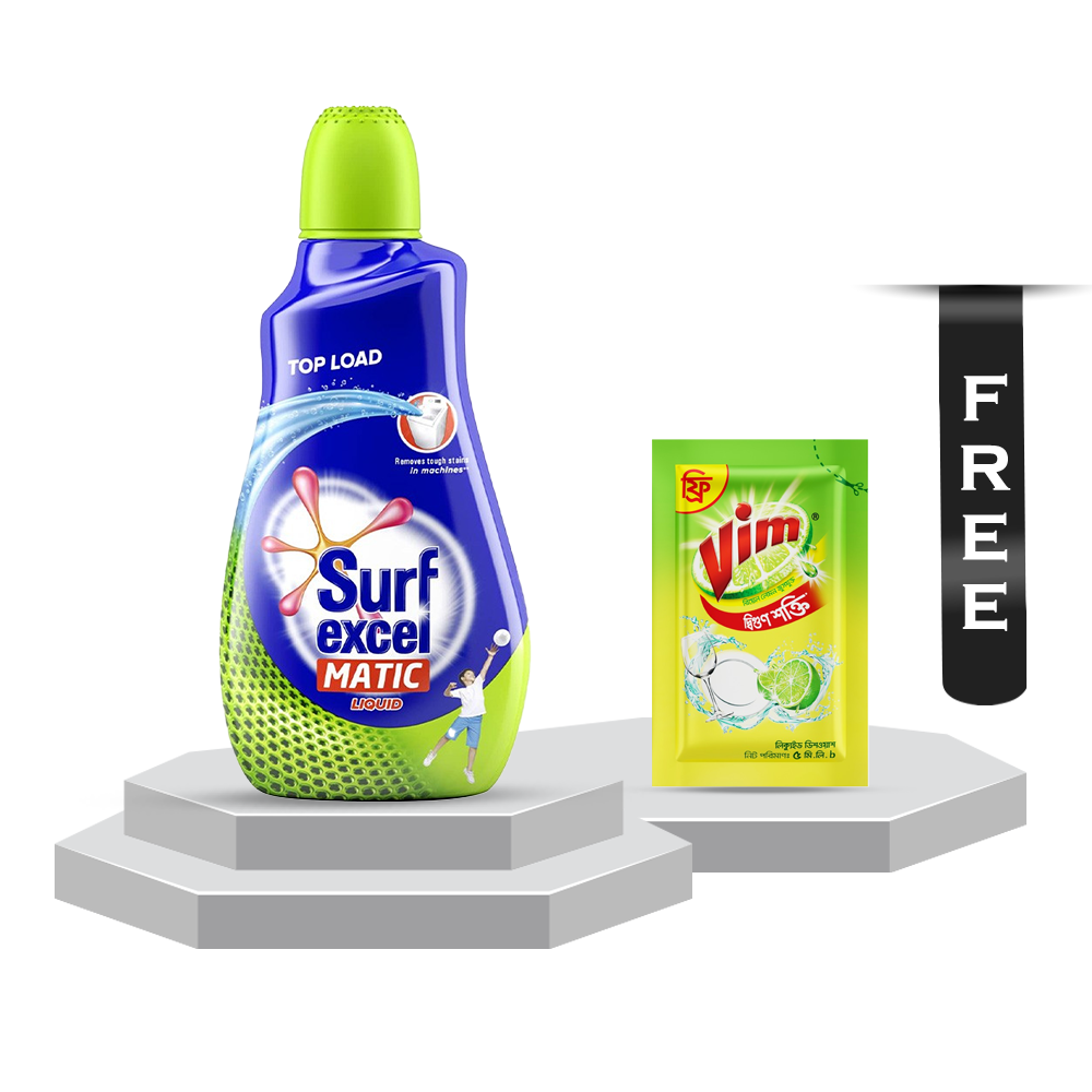 Surf Excel Matic Top Load Liquid Detergent - 1 Liter With Vim Liquid Dish Washer - 5ml Free