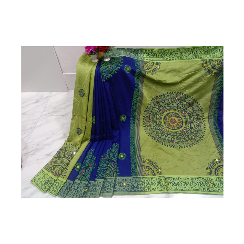 Hand Printed Half Silk Saree For Women - Multicolor - BAN150