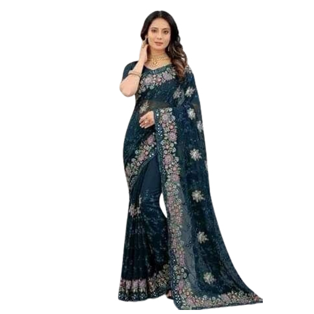 Weightless Georgette Saree With Blouse Piece For Women - Teal - SJ-84