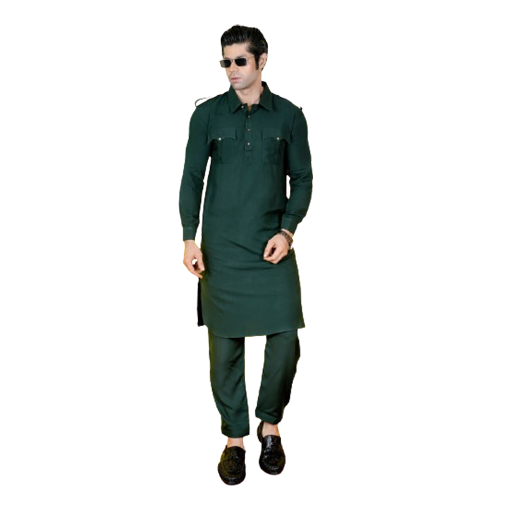 Linen Kabli Set For Men - Dark Green