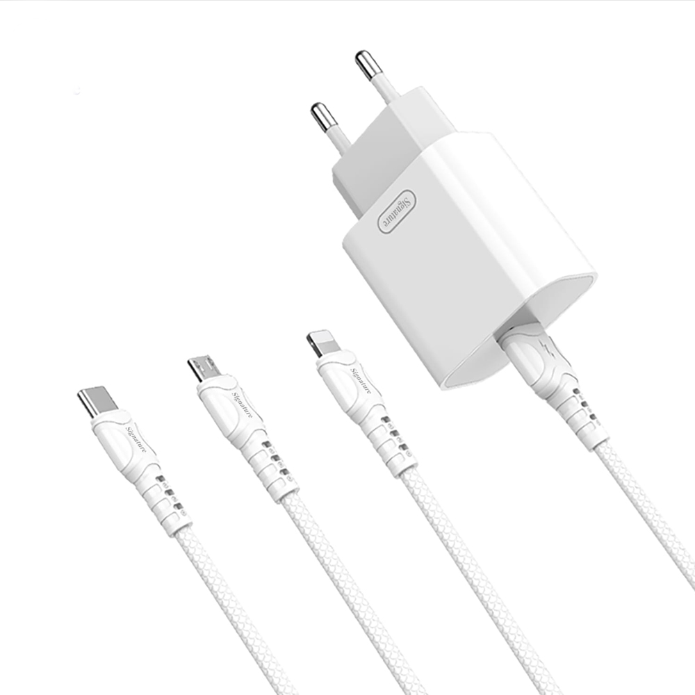 Signature D05E 3 In 1 Lightning Data Cable USB-A to Type-C and Micro - 1M - White