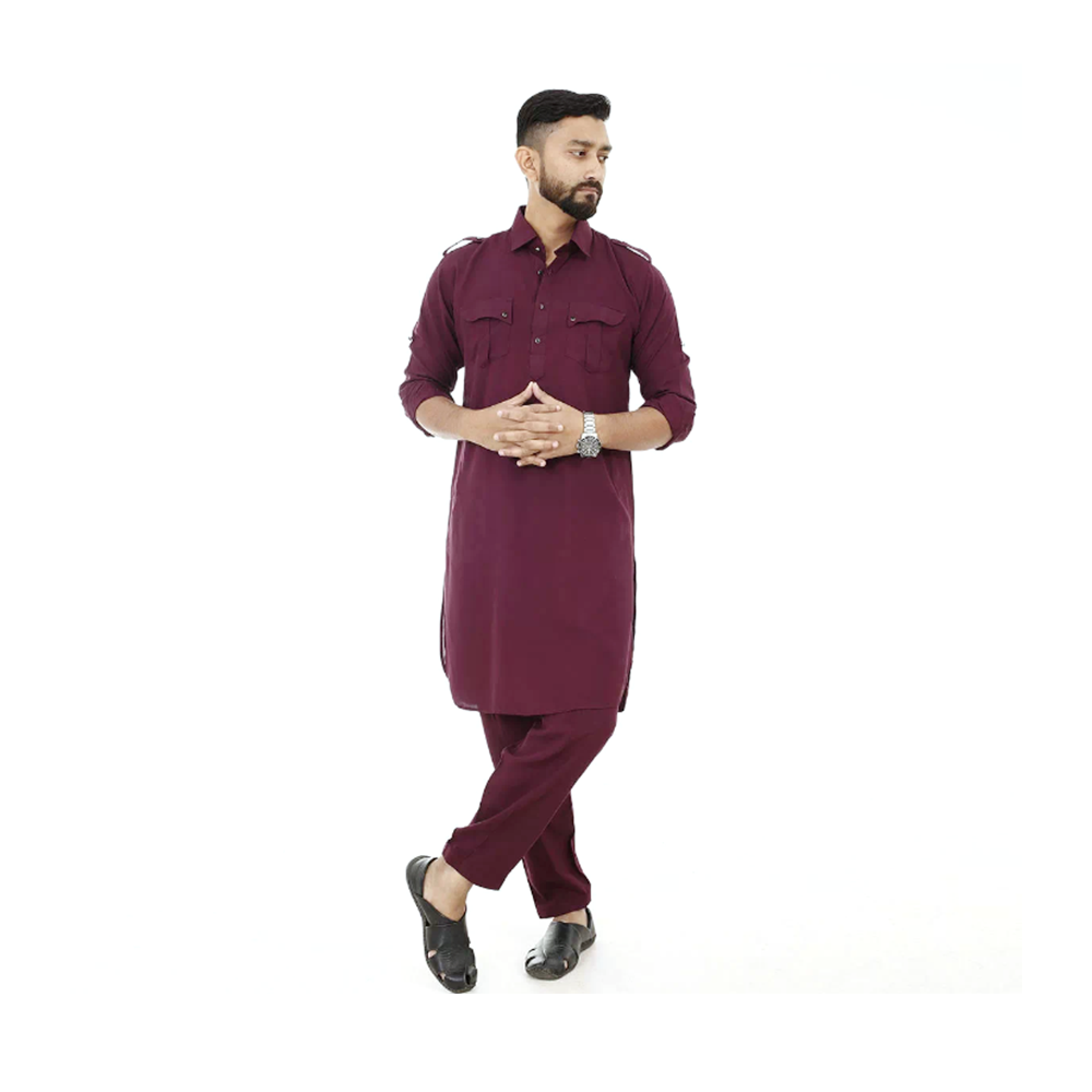 Maroon Linen Kabli Full Set For Men - FF1003