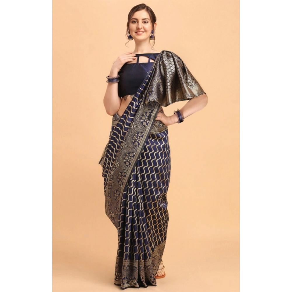 Silk Printed Gorgeous Saree With Blouse Piece For Women - Navy Blue - MN-751