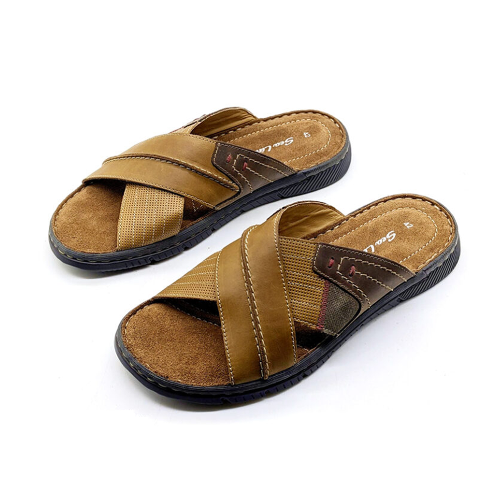 Premium Leather Soft Cross Sandal For Men - Chocolate - EFS-10