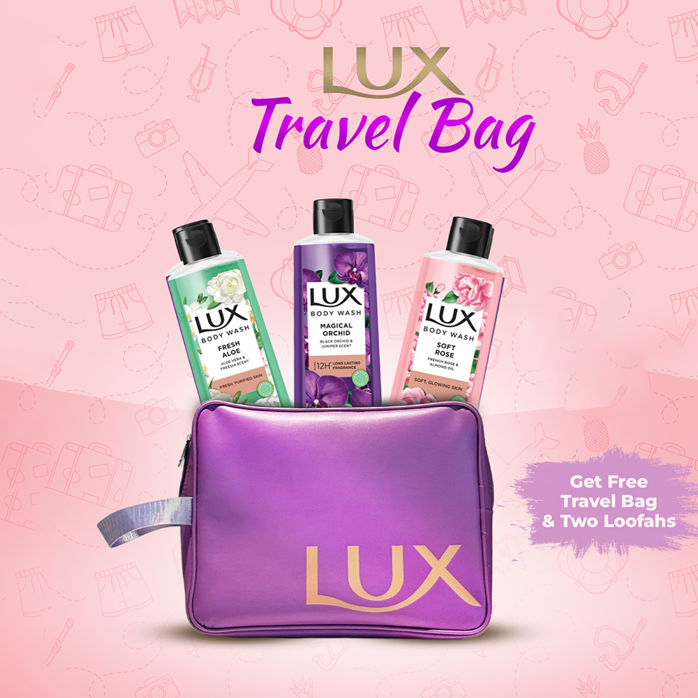 Buy 3 Lux Body Wash (Aloe Vera + Black Orchid + French Rose 245ml) Get Travel Bag FREE