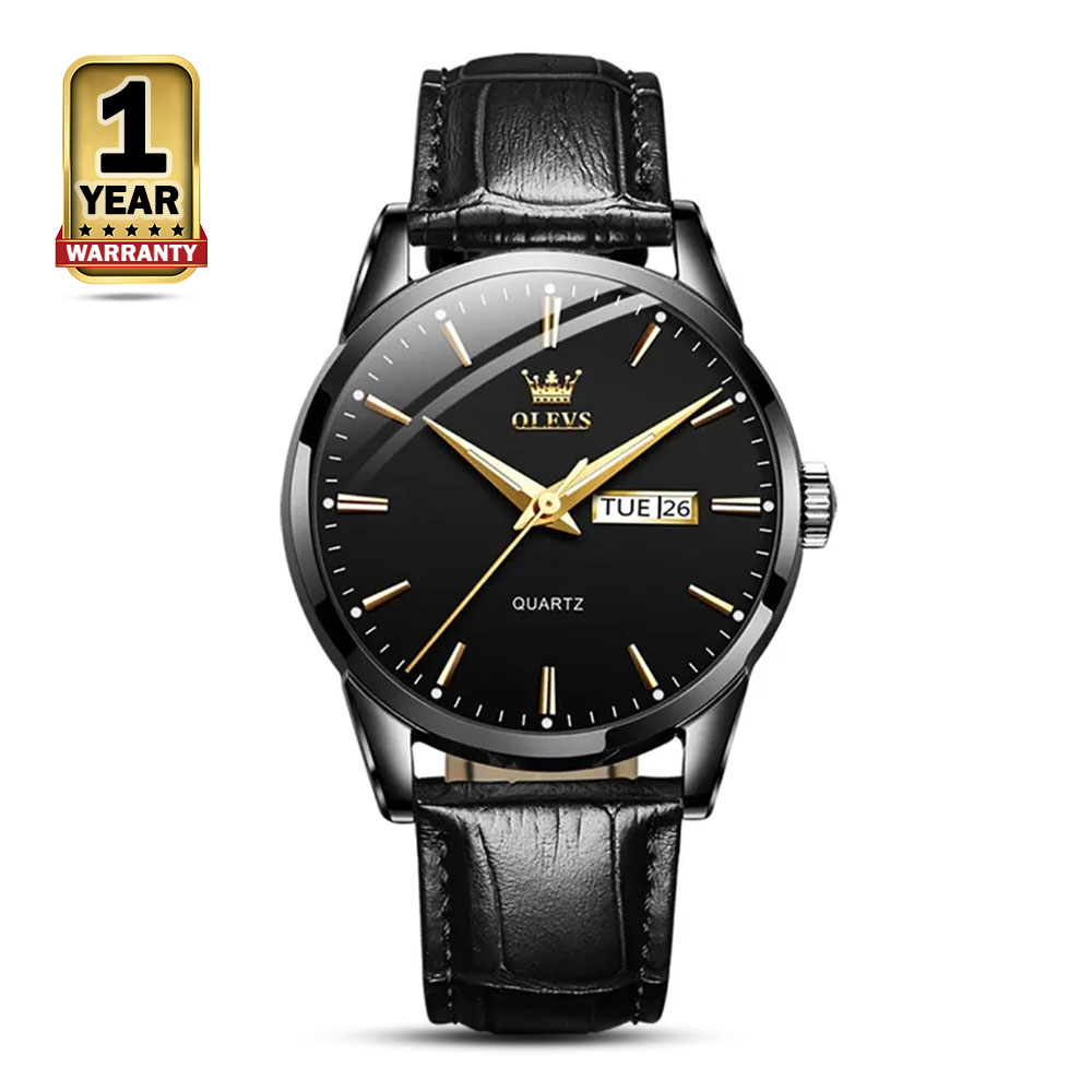 OLEVS 6898 Leather Analog Watch For Men - Black