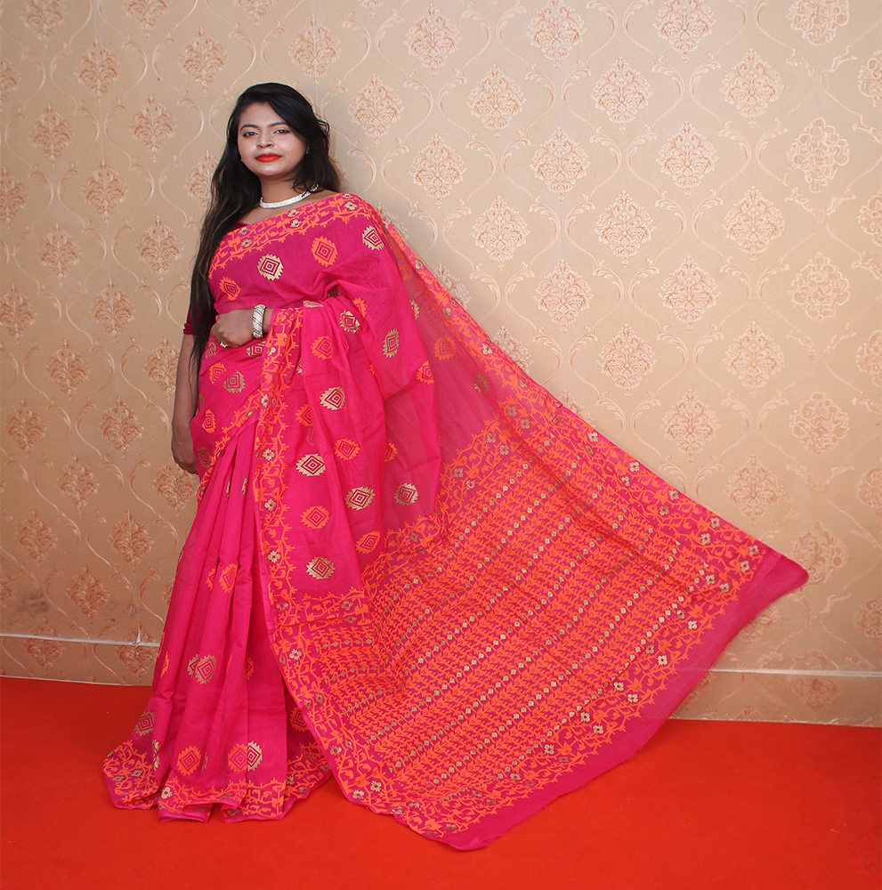 Cotton Half Silk Hand Printed Saree For Women - Pink - Single _ 03