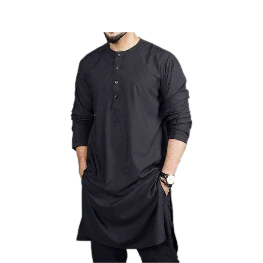 Dupian Silk Semi Long Casual Panjabi for Men - Black 