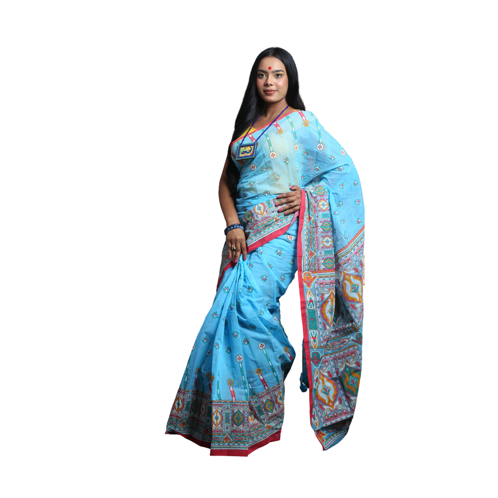 Skin Print Silk Cotton Saree For Women - Sky Blue - SC15