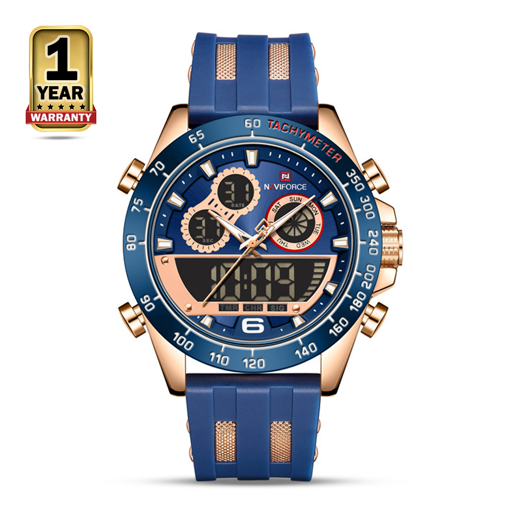 Naviforce NF9188T TPU Rubber Dual Time Watch For Men - Rose Gold and Blue