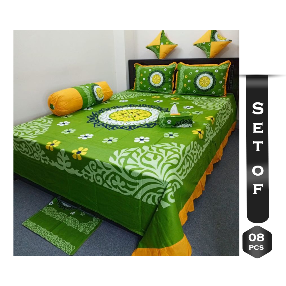Set Of 8Pcs Cotton King Size Bed Sheet - Green - PT-18