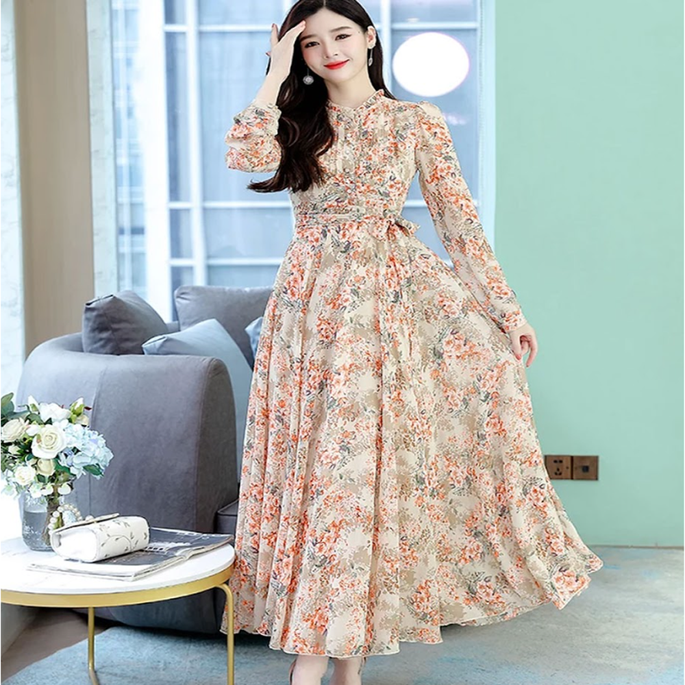 Linen Full Sleeve Digital Print Long Gown For Women - Lite Brown - 1562