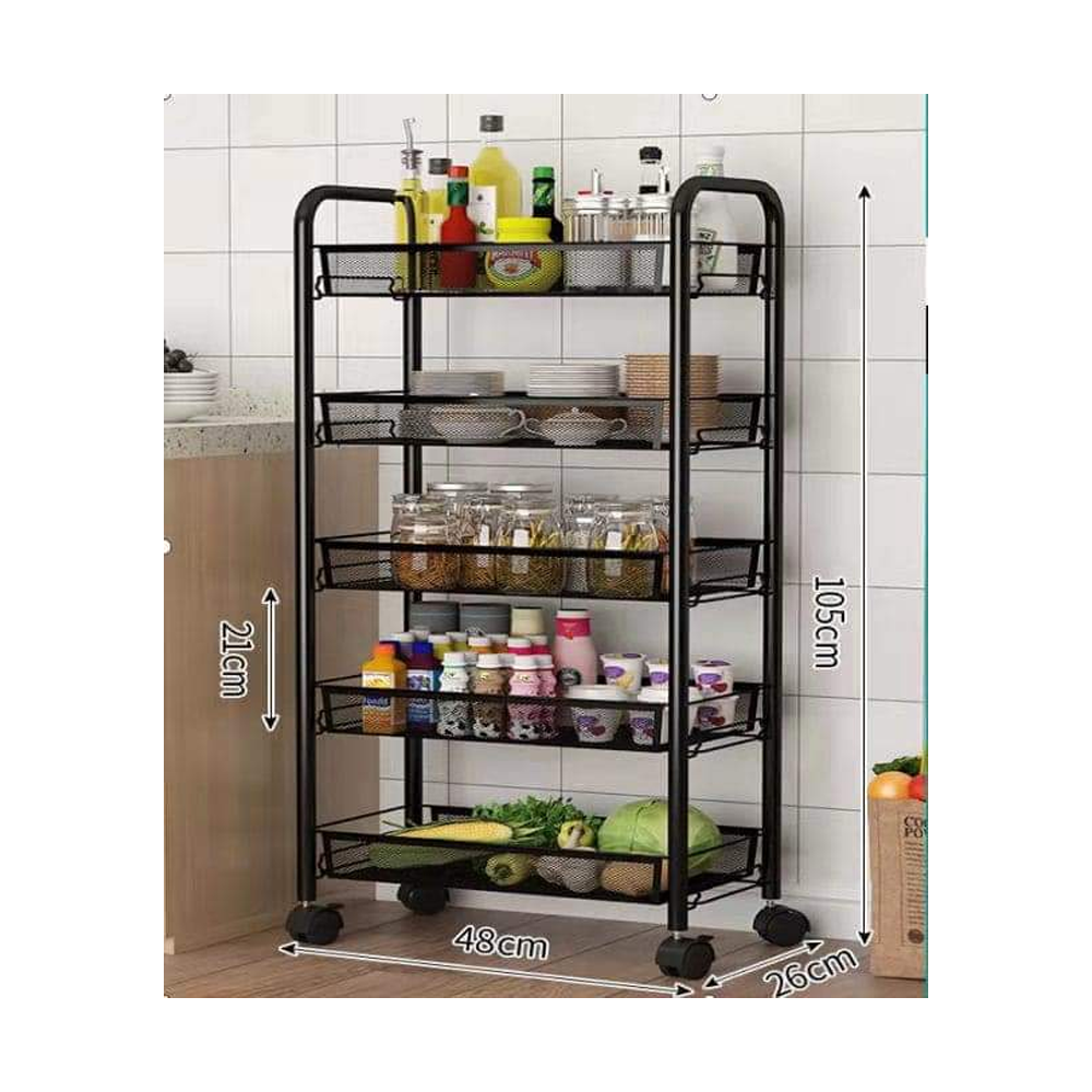 ERRULAN Kitchen Storage Trolley with Wheels, 5-Tier Extra Tall Narrow  Organizer Rack Black Stainless Steel, Living Room Bedroom Balcony