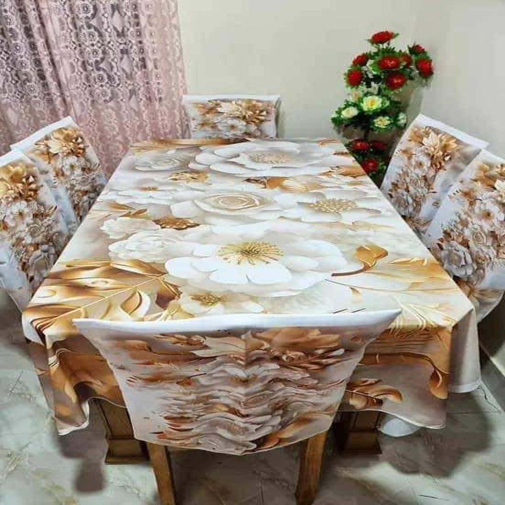 Korean Velvet 3D Print Premium Dining Table Cloth and Chair Cover Set - 7 in 1 - 60 X 84 Inch - Multicolor - TC-54