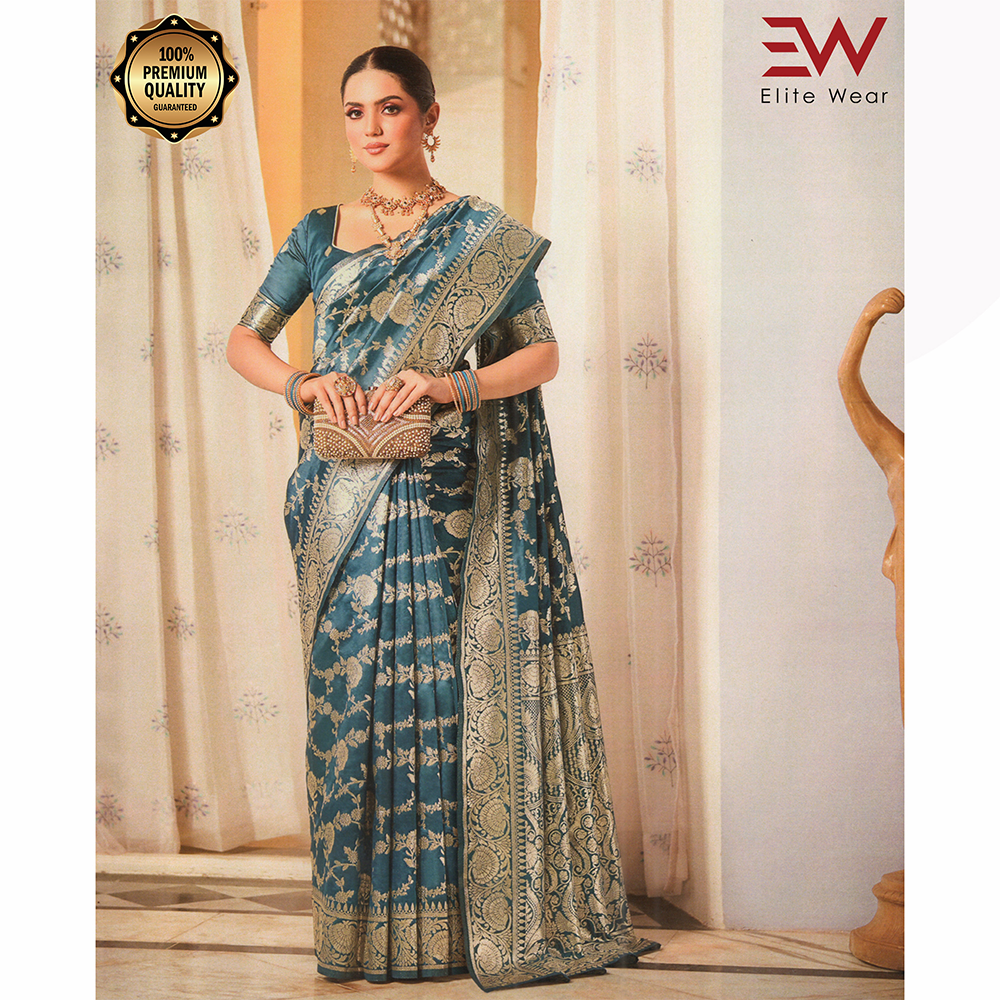 Gujrati Pure Handloom Katan Saree with Blouse Piece for Women - Ocean Blue - A-642 C