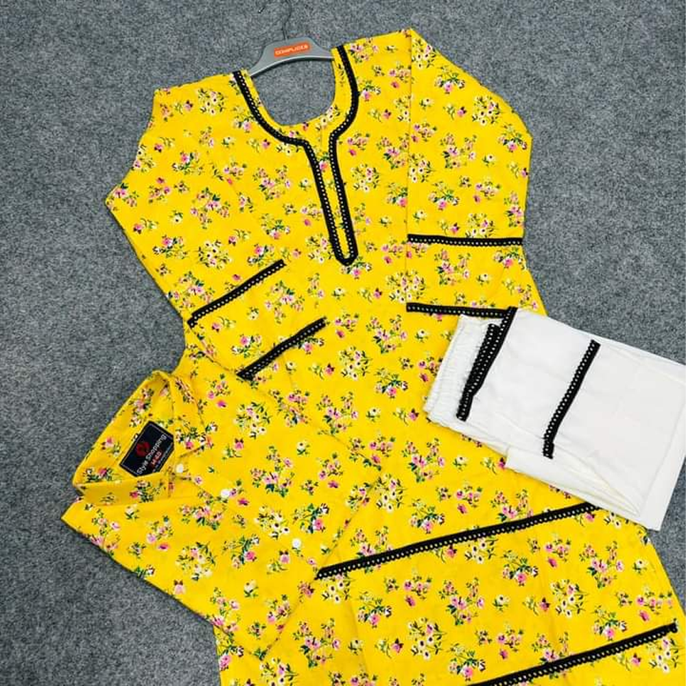 Couple Set - Kameez + Pajama + Mens Shirt - Yellow - 7545