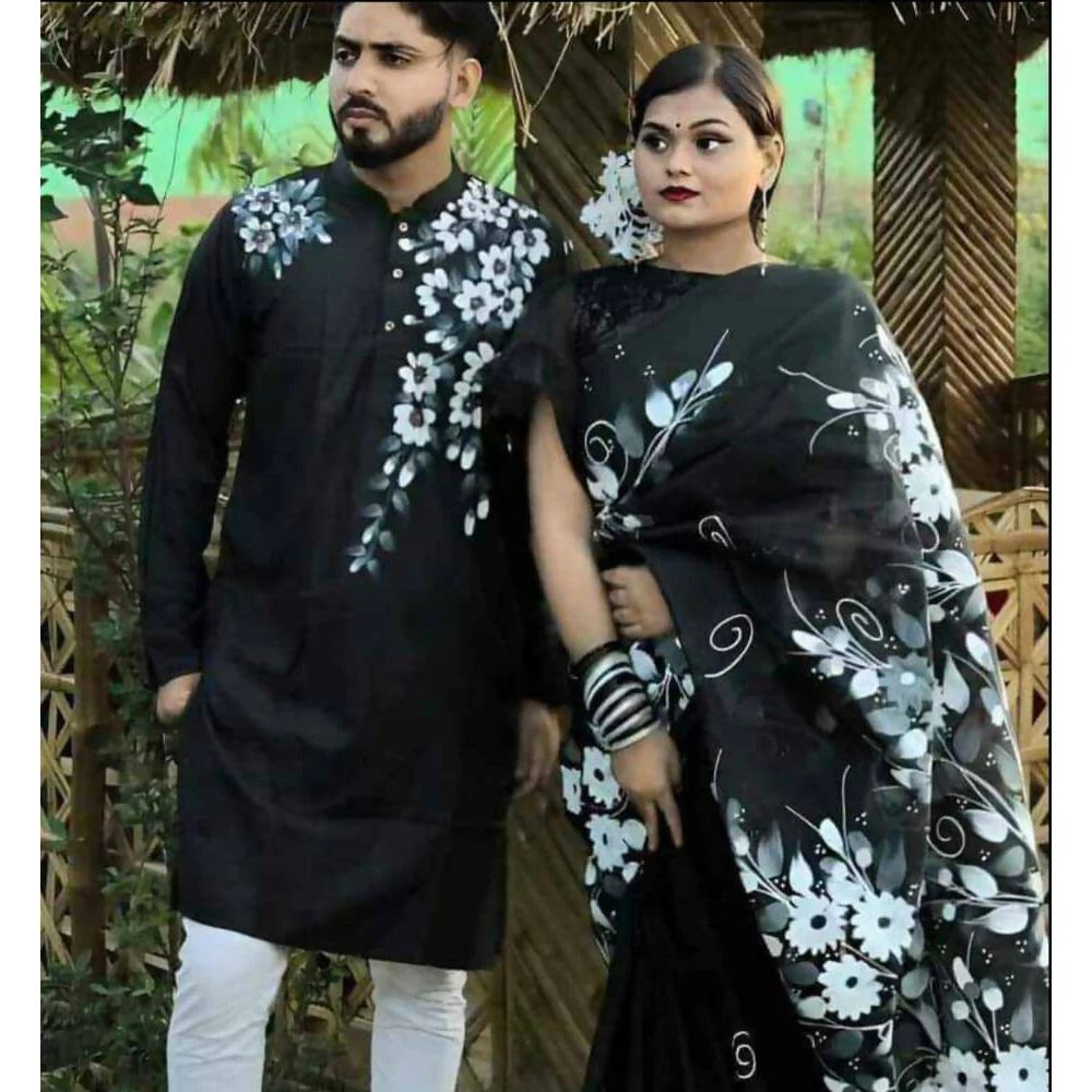 Half Silk Block Print Saree and Dhupian Cotton Panjabi Couple Set - Black - 354