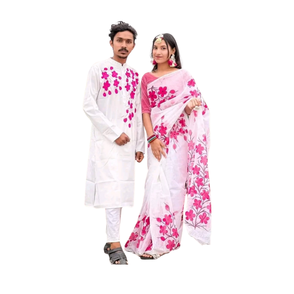 Cotton Silk Saree and Dhupian Cotton Panjabi Couple Dress - Pink & White - SC77