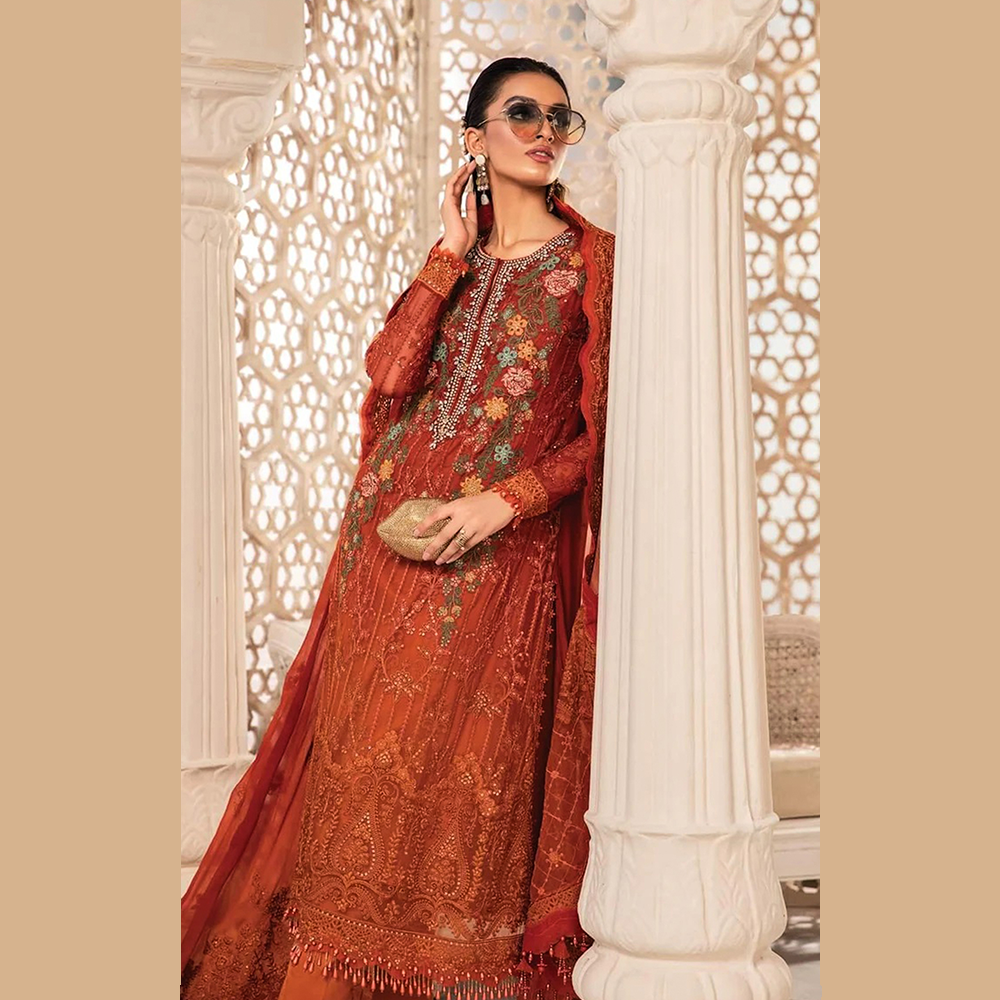 Unstitched Embroidered Net Party Wear Suit 4Pcs For Women - Fire Brick - K-1616