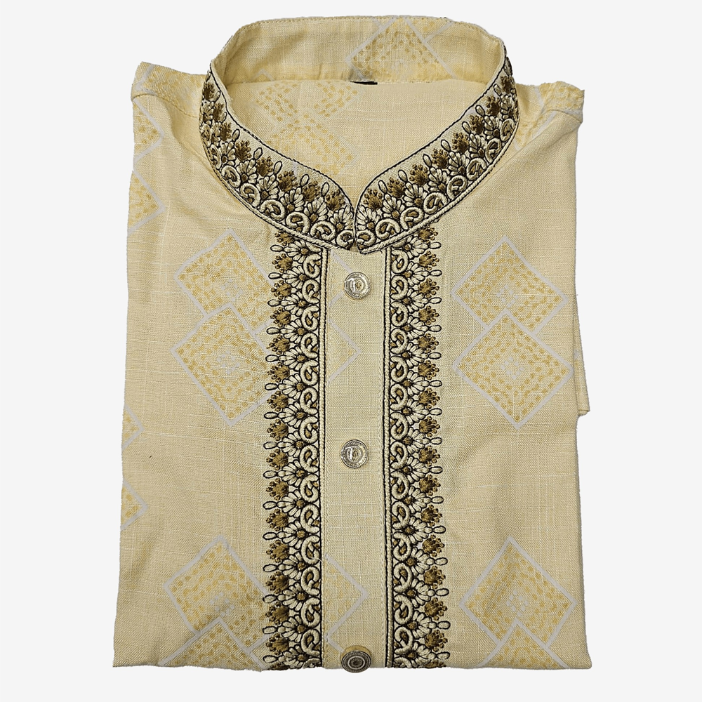 Cotton Embroidery Panjabi For Men - Golden - 7665