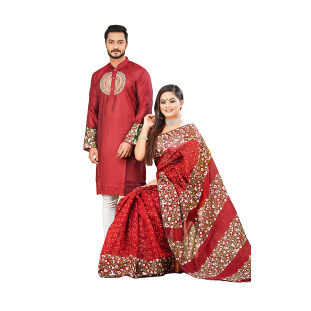 Half Silk Saree and Silk Cotton Panjabi Set For Couple - Maroon - CS-46