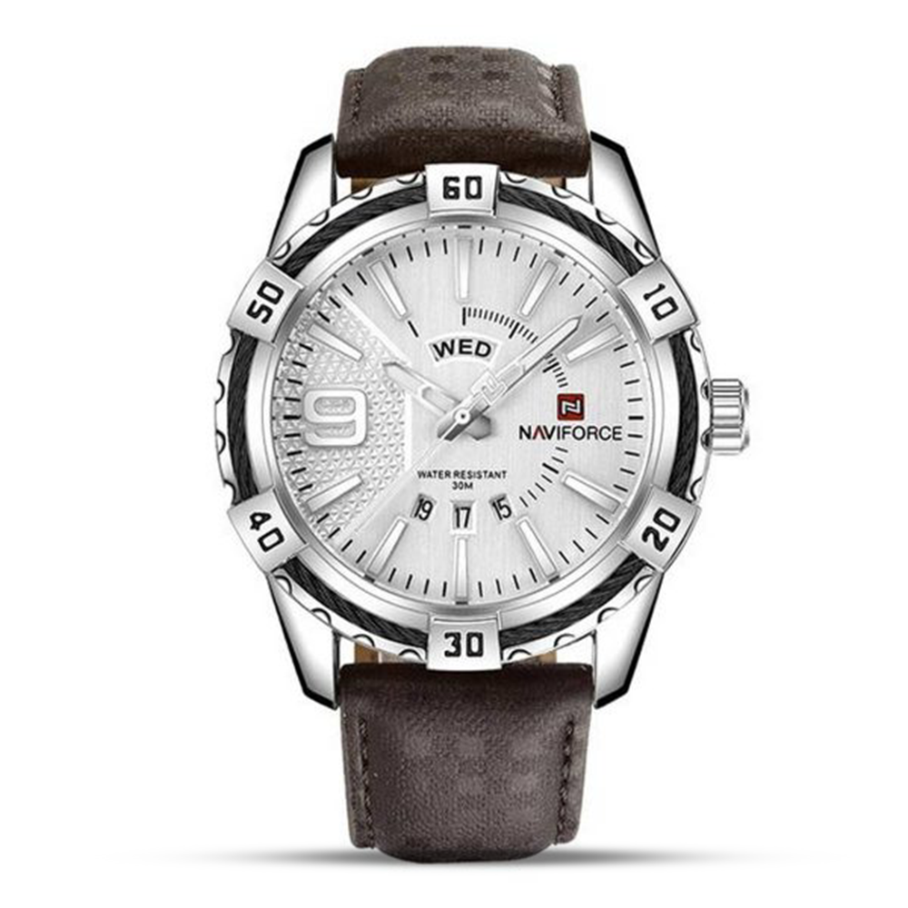 NAVIFORCE NF9117 PU Leather Analog Watch For Men Silver And Coffee