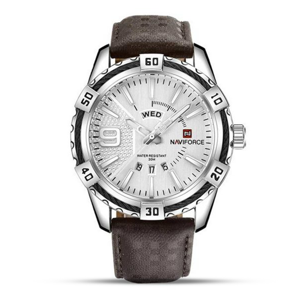 NAVIFORCE NF9117 PU Leather Analog Watch For Men - Silver And Coffee