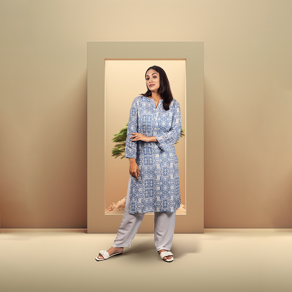 Viscose Printed Kurtis For Women - Light Blue - ELV005