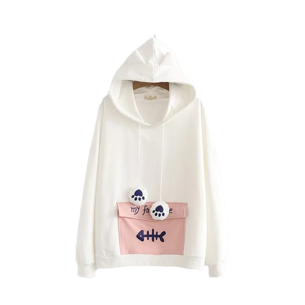 Fashionable Long Sleeves Lazy Style Cat Hoodie For Women - White And Pink