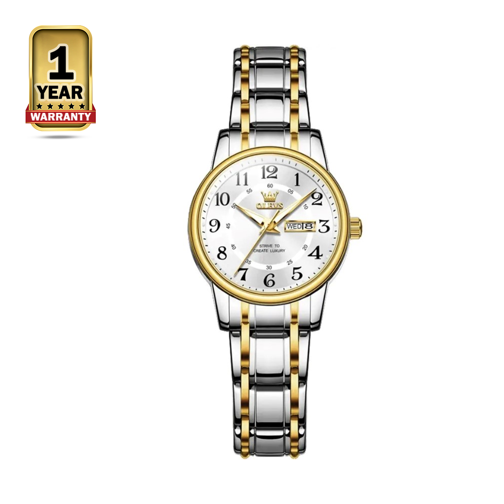 OLEVS 2891 Stainless Steel Luxury Quartz Wrist Watch For Women - White and Golden Silver