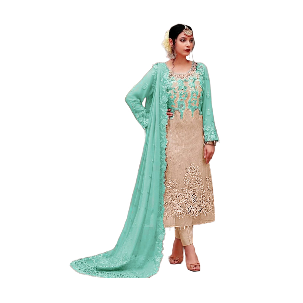 Three Pcs For Women Georgette and Butter Silk - Cyan and Light Brown